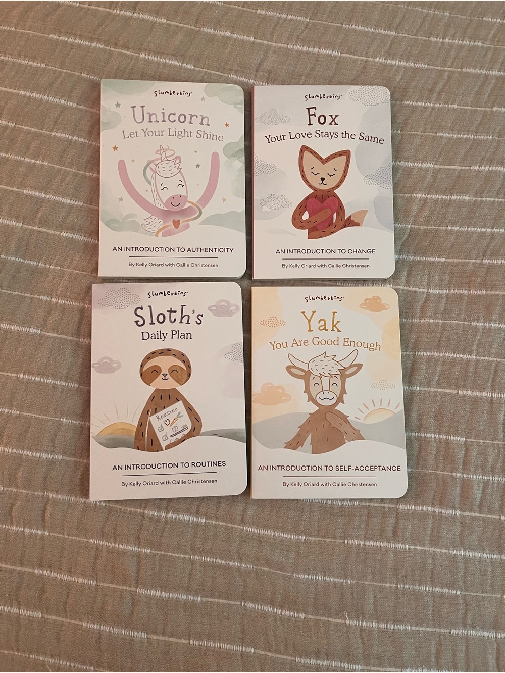 Slumberkin books - Unicorn, Fox, Sloth, Yak (Pastel Colors)